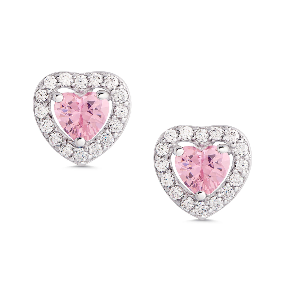 Pink and White  CZ Heart Halo Stud Earrings in SS