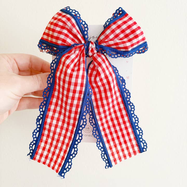Patriotic Red Gingham Lace Long Tail Trim Bow