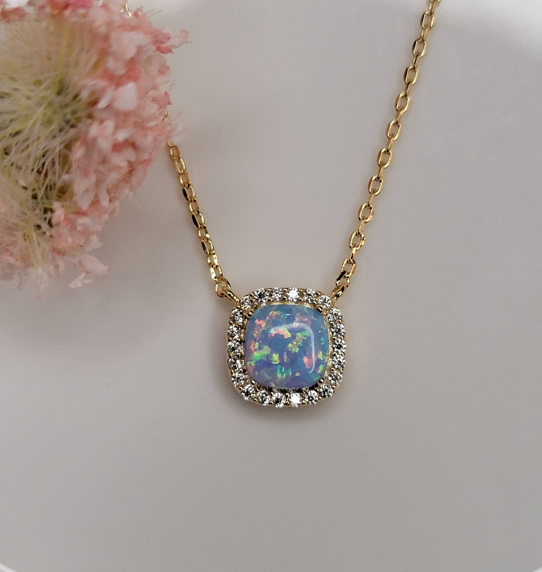 LAB GROWN OPAL STONE NECKLACE.: LIGHT BLUE/GOLD / Small - OR153