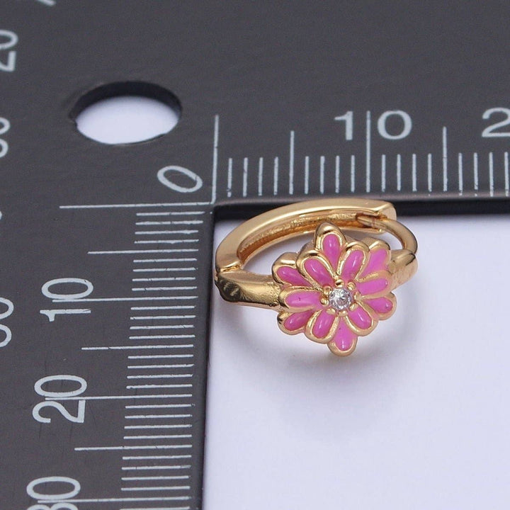 24K Gold Filled Pink/White Enamel Flower Huggie Hoops Earrings, V-421: Pink