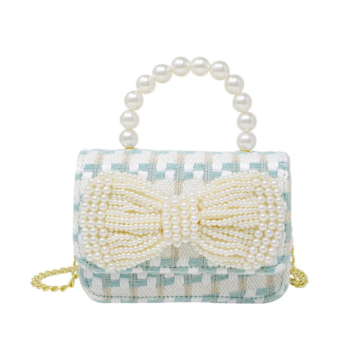 Tweed Pearl Handle Bow Purse: Blue