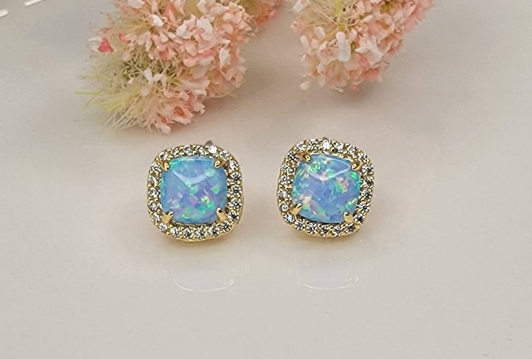 LAB GROWN OPAL STUD EARRINGS.: LIGHT BLUE OPAL/GOLD / Small - OR140