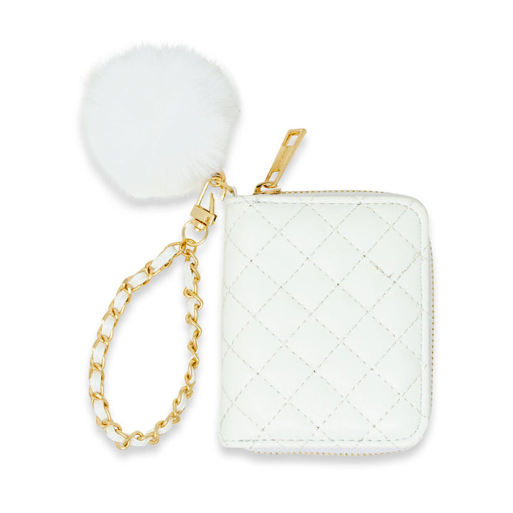 Quilted Chain Strap Wallet with Pom-Pom: White