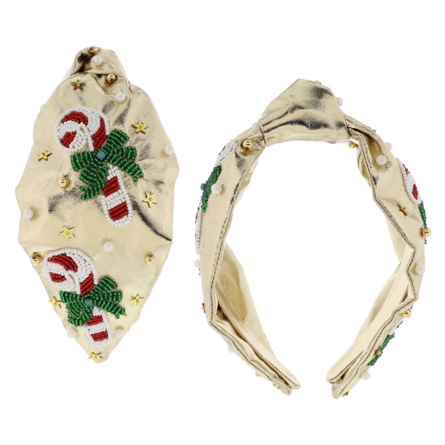 JM Beaded Candy Canes with Green Bows with Gold Star Sequins and Pearl Beads on Knotted Gold Headband,