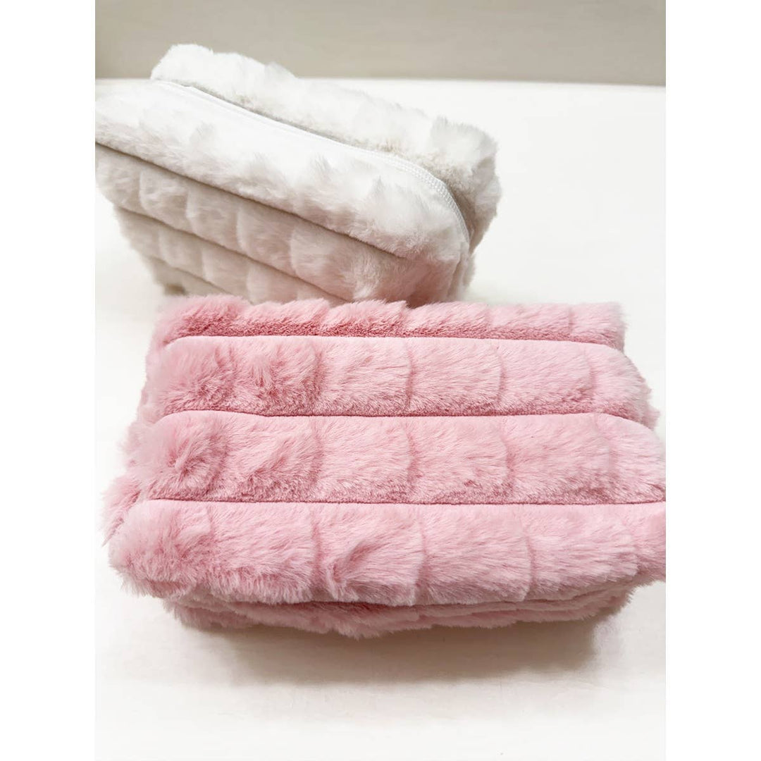 Pink Faux Fur Quilted Cosmetic Pouch