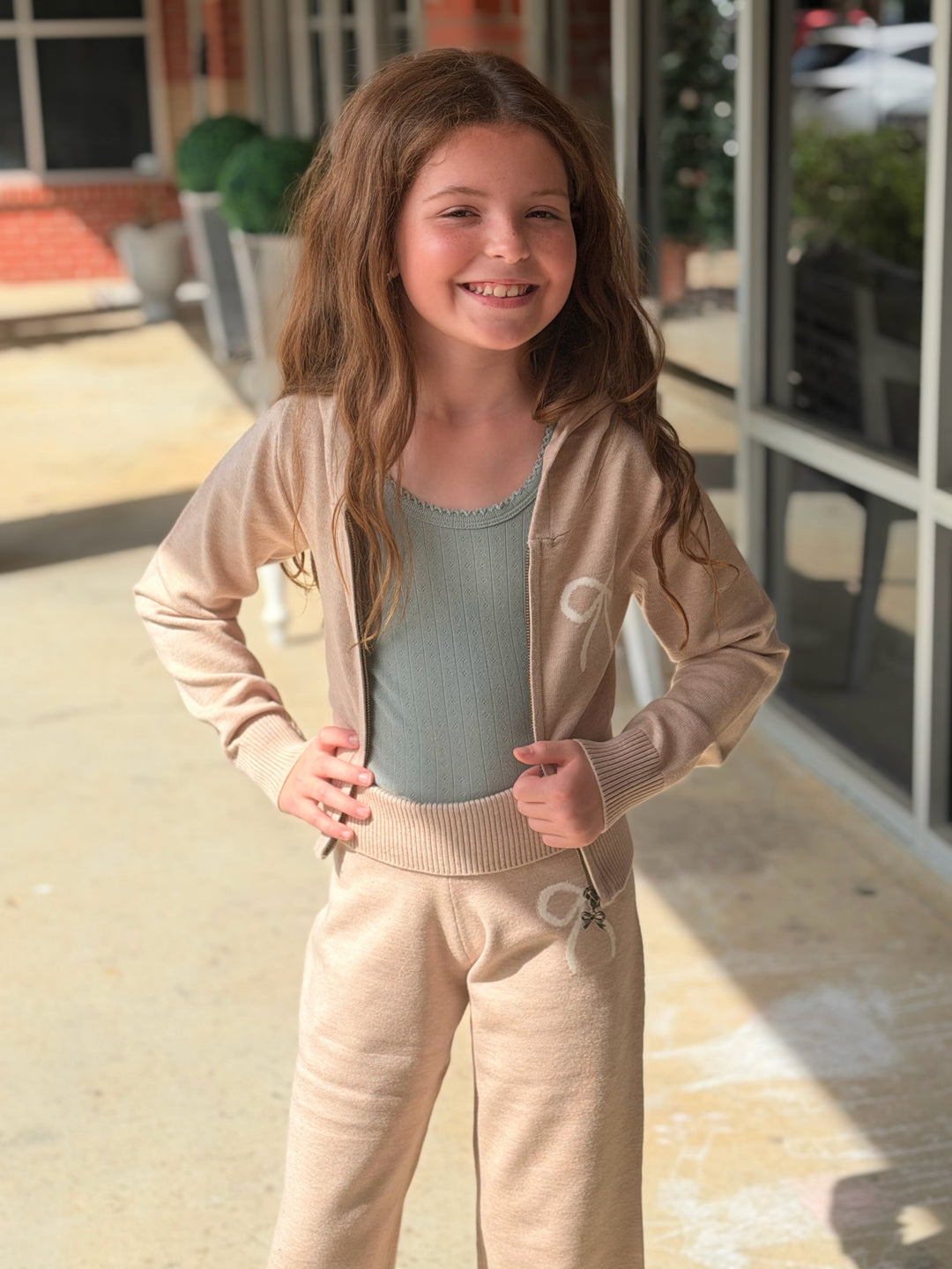 Oatmeal-Chelsea Fold Over Bow Waist Sweat Wide Leg Pant