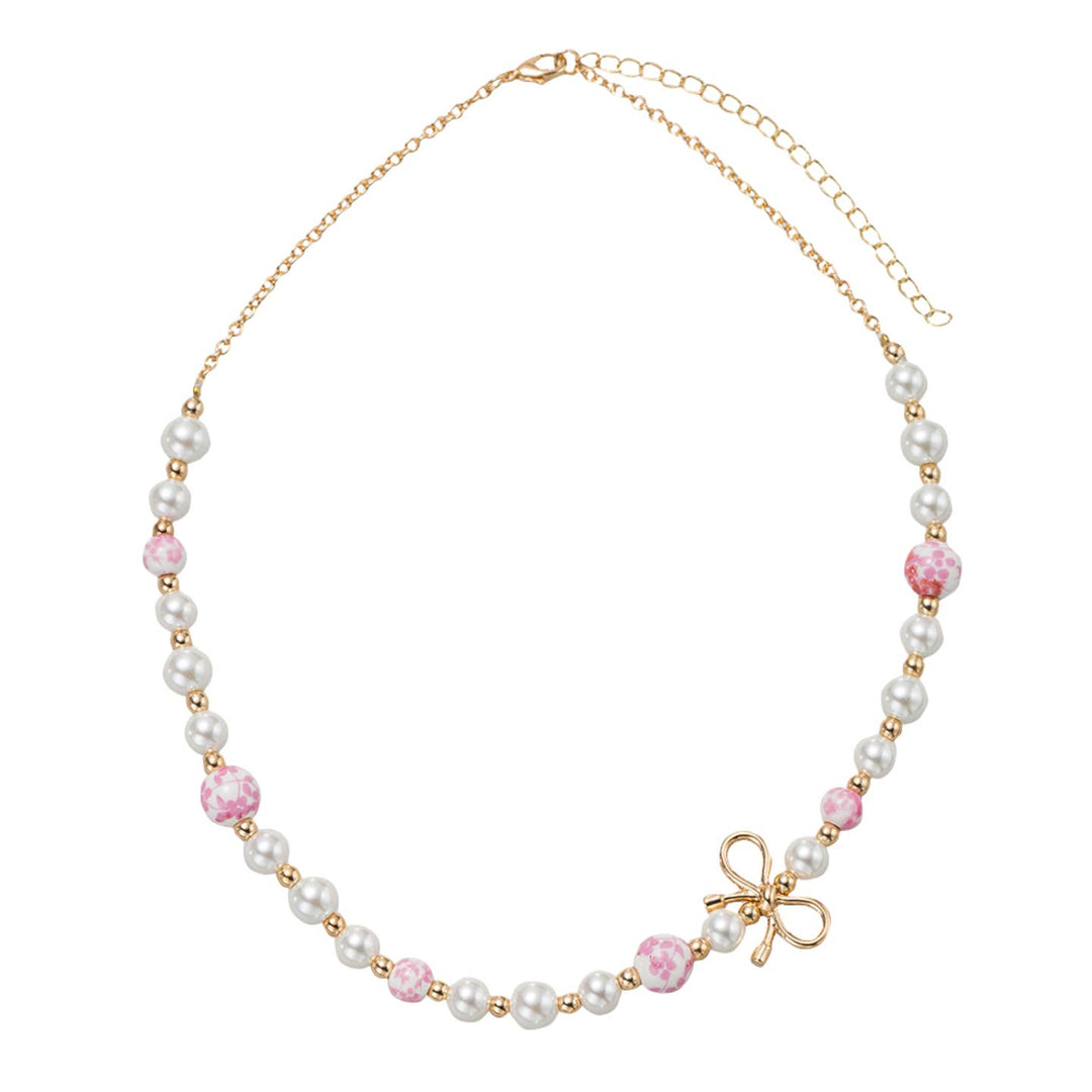 Kids Pearl, Gold, Pink Floral Bead Necklace with Gold Bow in Body