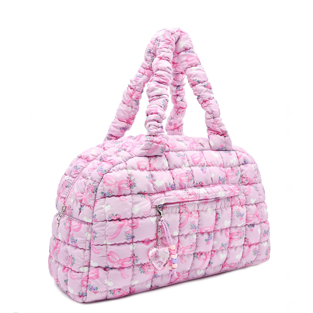 Quilted Scrunchies Floral Bow Printed Medium Duffle Bag: Petal Floral Bow Print Scrunch