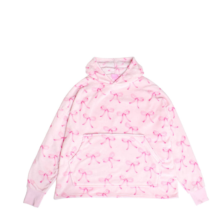 Fleece Printed Pullover Oversized Blanket Hoodie: Pink Bow Print
