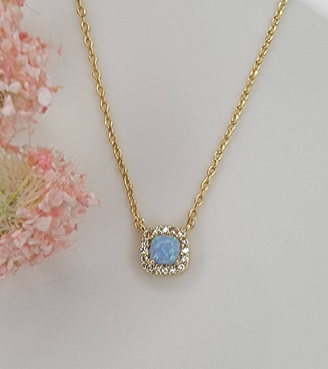 LAB GROWN OPAL STONE NECKLACE.: LIGHT BLUE/GOLD / Small - OR153