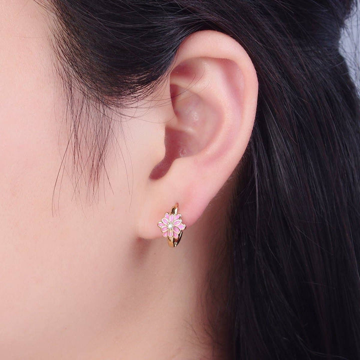 24K Gold Filled Pink/White Enamel Flower Huggie Hoops Earrings, V-421: Pink