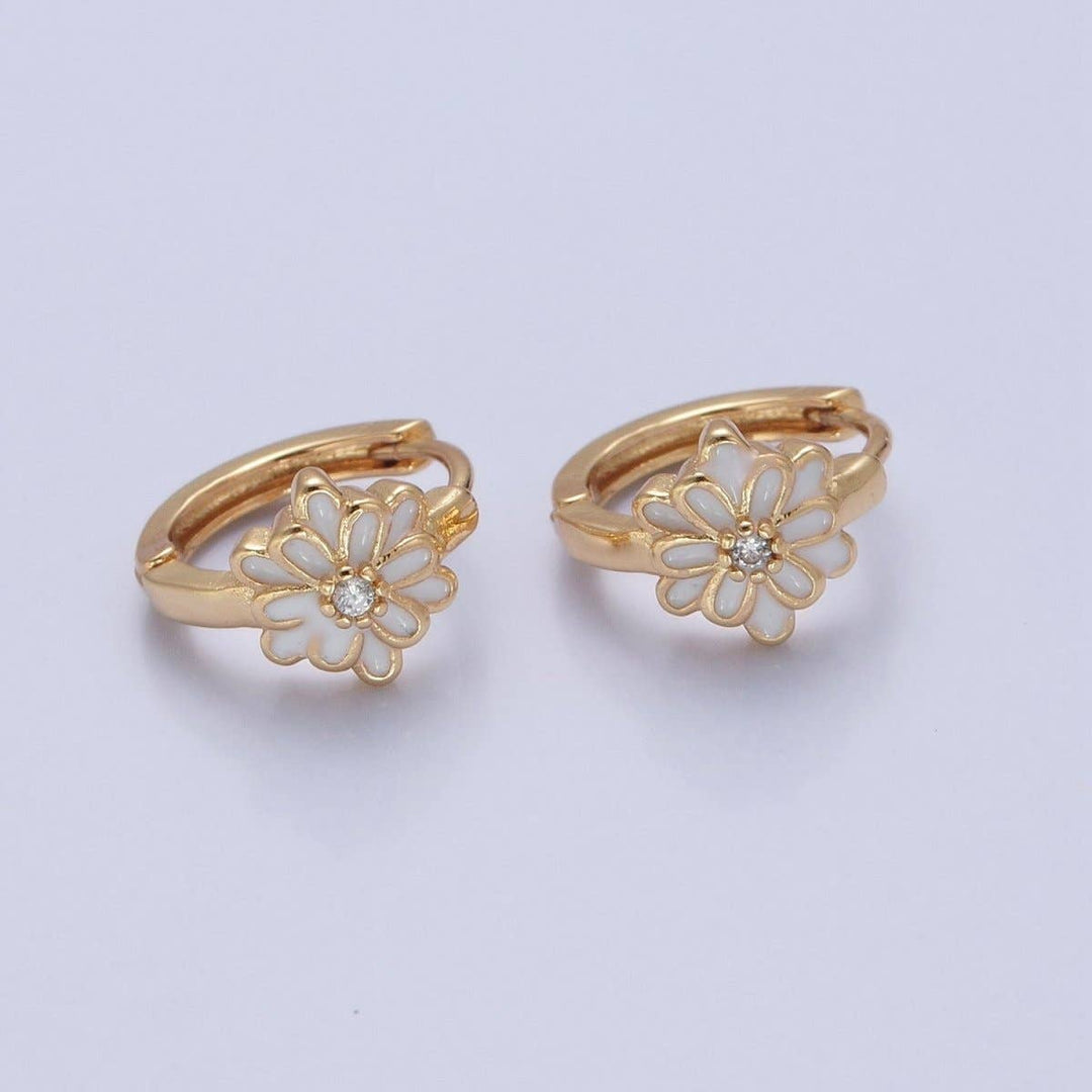 24K Gold Filled Pink/White Enamel Flower Huggie Hoops Earrings, V-421: Pink