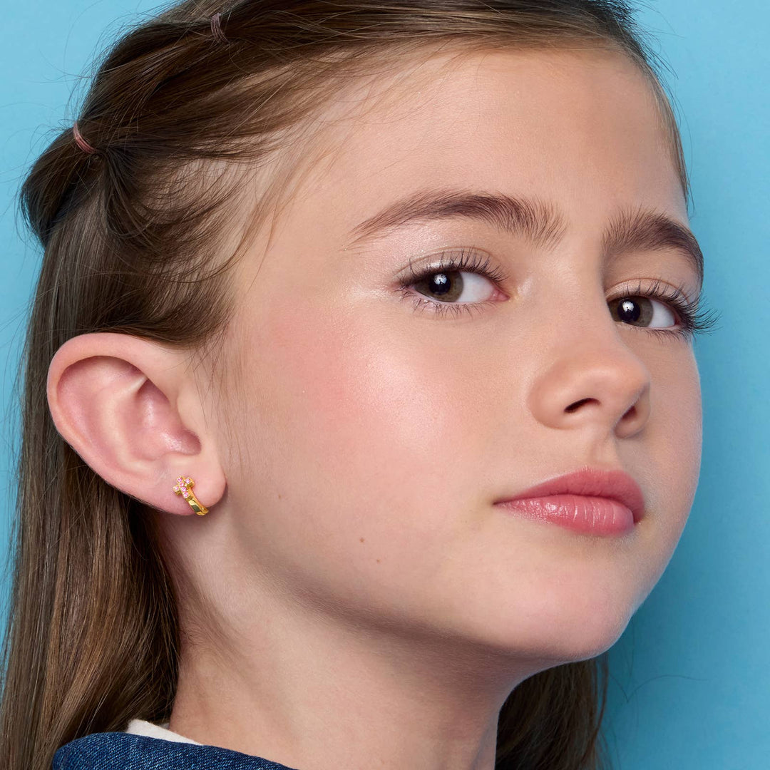 Pink Cross Earlets | 18K Gold Plated Girls Huggie Earrings