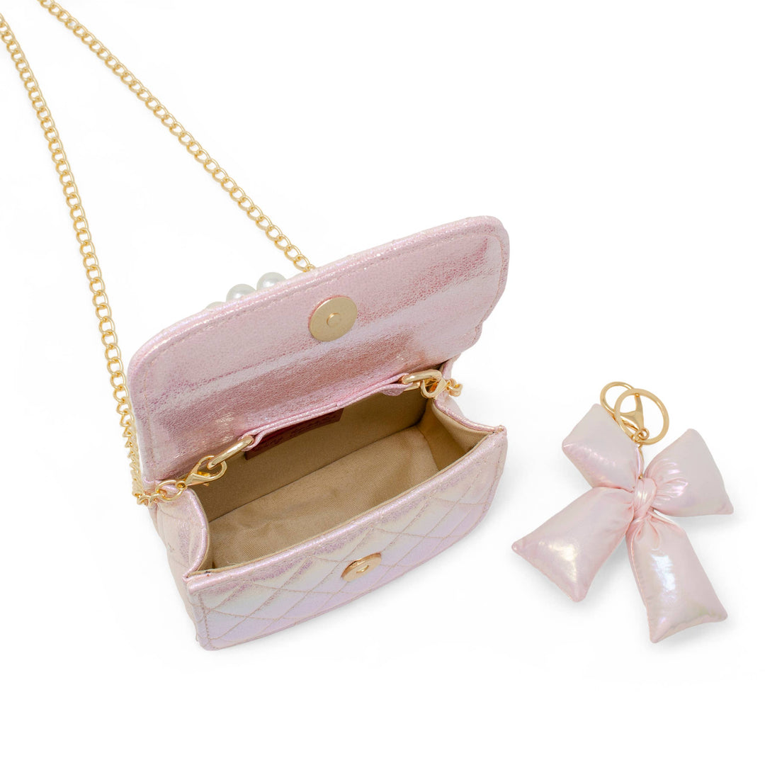 Shiny Quilted Fluffy Bow Handbag: Pink