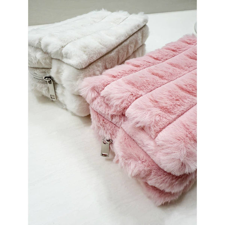 Pink Faux Fur Quilted Cosmetic Pouch