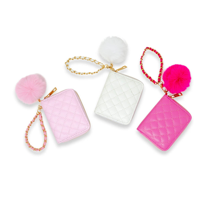 Quilted Chain Strap Wallet with Pom-Pom: Pink
