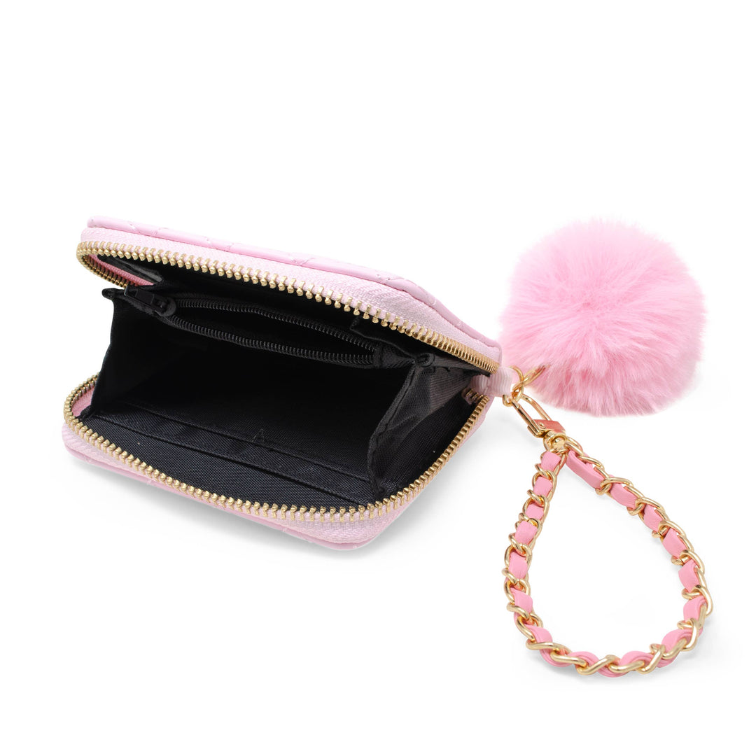 Quilted Chain Strap Wallet with Pom-Pom: Pink