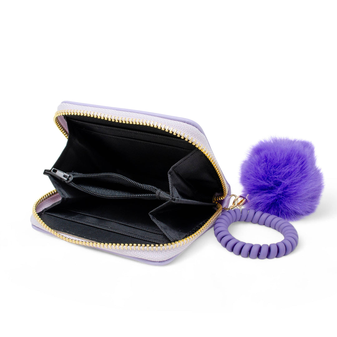 3D Bow Pom Pom Zip Wallet: Purple