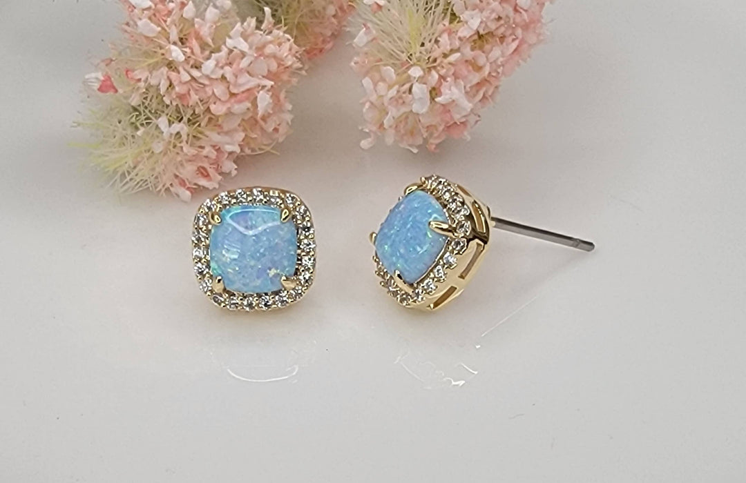 LAB GROWN OPAL STUD EARRINGS.: LIGHT BLUE OPAL/GOLD / Small - OR140