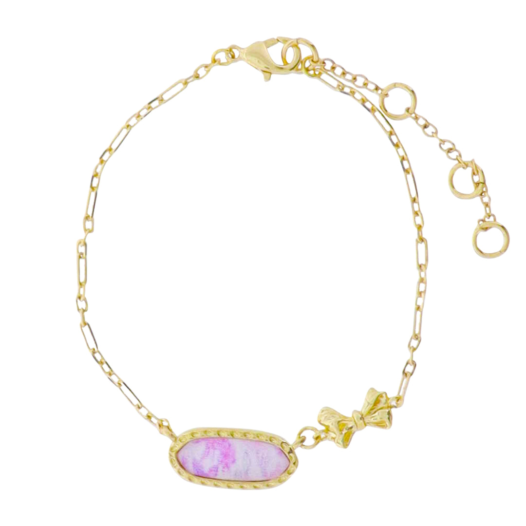 Kids 18K Gold Plated Chain with Bow Accent in Body Bracelet with Pink Floral Epoxy Pendant
