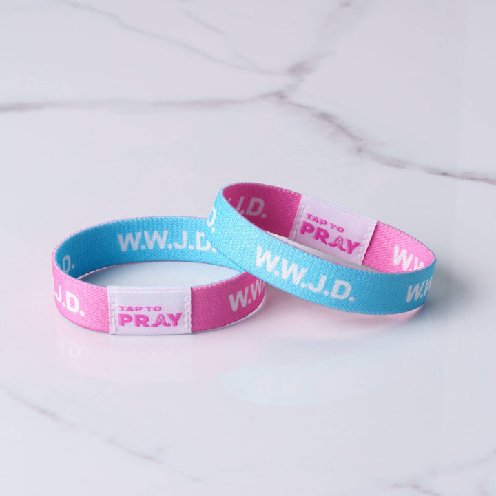 Tap To Pray™ Wristbands - Blue & Pink WWJD: X-Small / WWJD Pink / Blue