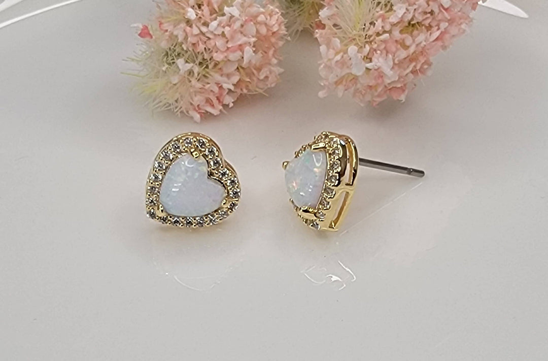 HEART SHAPE SEMI PRECIOUS STONE POST EARRINGS.: PINK OPAL - OR183
