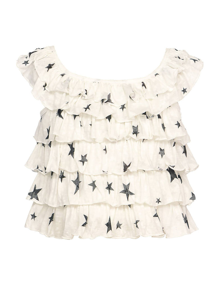 White Star Print Ruffle Blouse