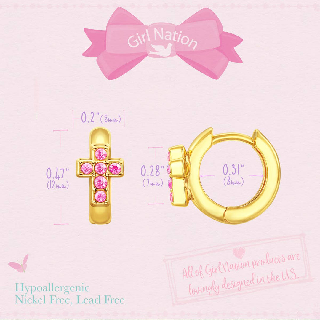 Pink Cross Earlets | 18K Gold Plated Girls Huggie Earrings