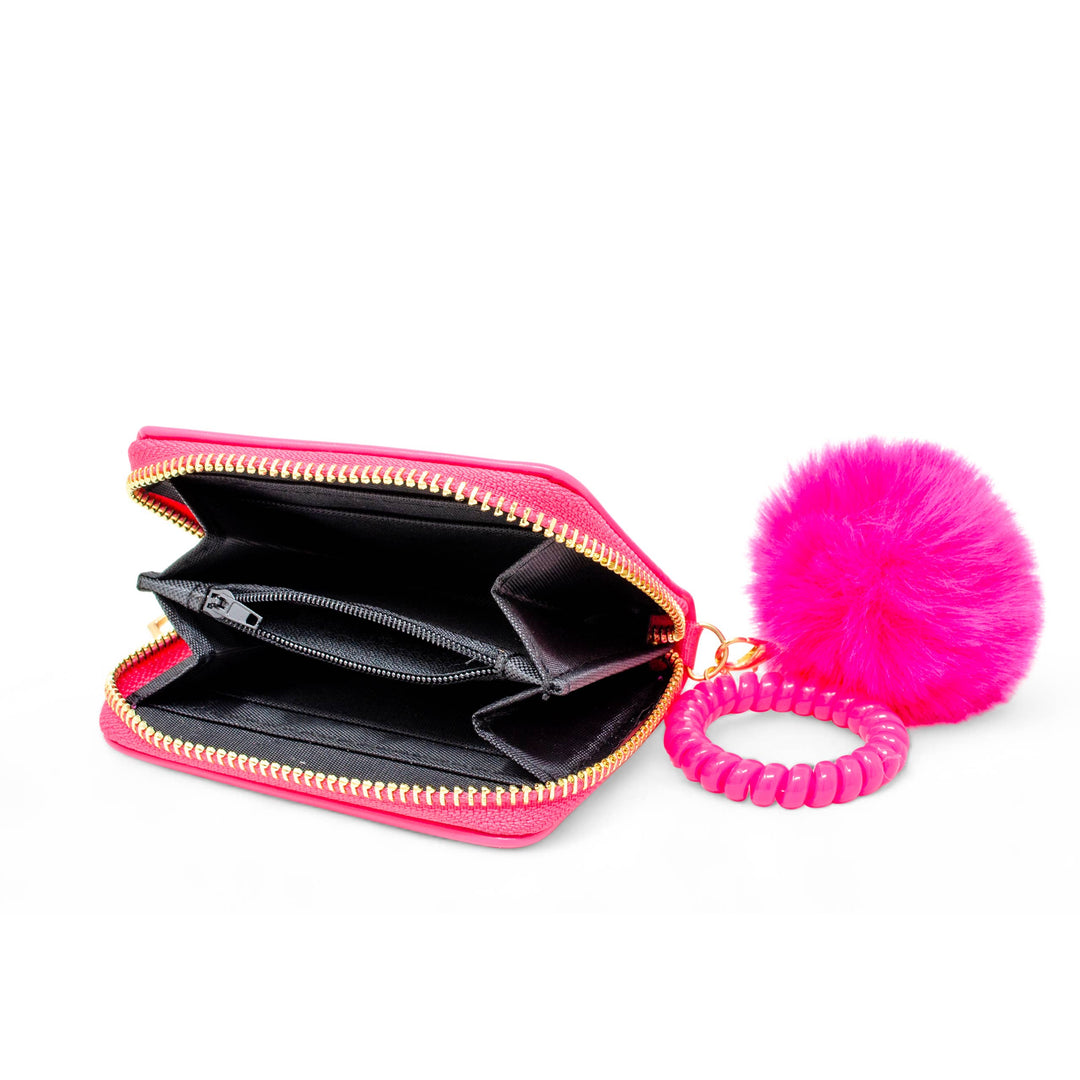 3D Bow Pom Pom Zip Wallet: Purple
