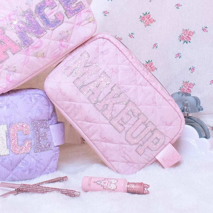 'MAKEUP' Bow Printed Quilted Pouch