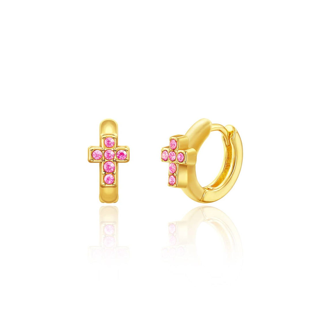 Pink Cross Earlets | 18K Gold Plated Girls Huggie Earrings