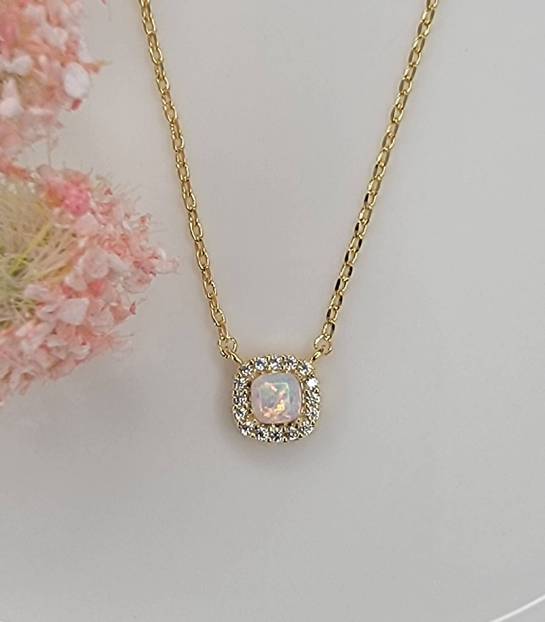 LAB GROWN OPAL STONE NECKLACE.: LIGHT BLUE/GOLD / Small - OR153