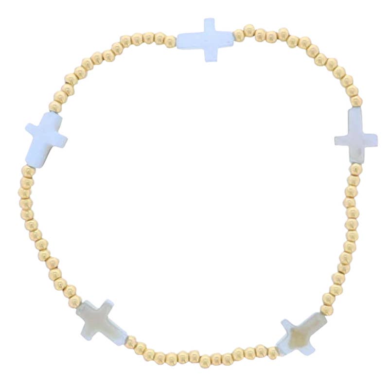 18K Gold Plated Gold Beaded Stretch Bracelet with Blue Crosses