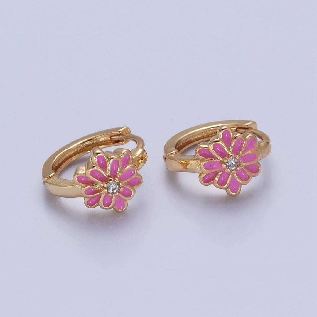24K Gold Filled Pink/White Enamel Flower Huggie Hoops Earrings, V-421: Pink