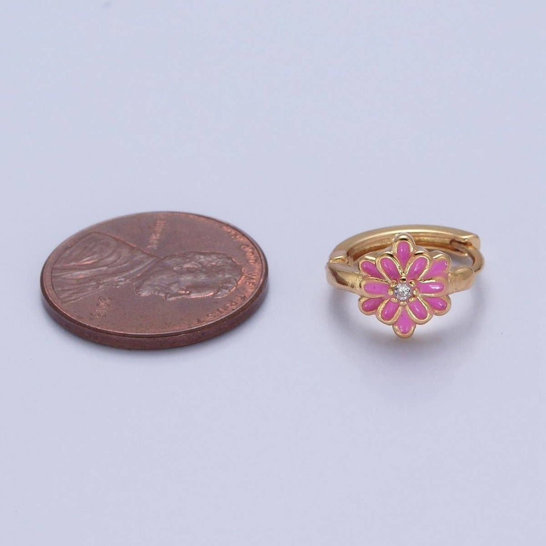24K Gold Filled Pink/White Enamel Flower Huggie Hoops Earrings, V-421: Pink