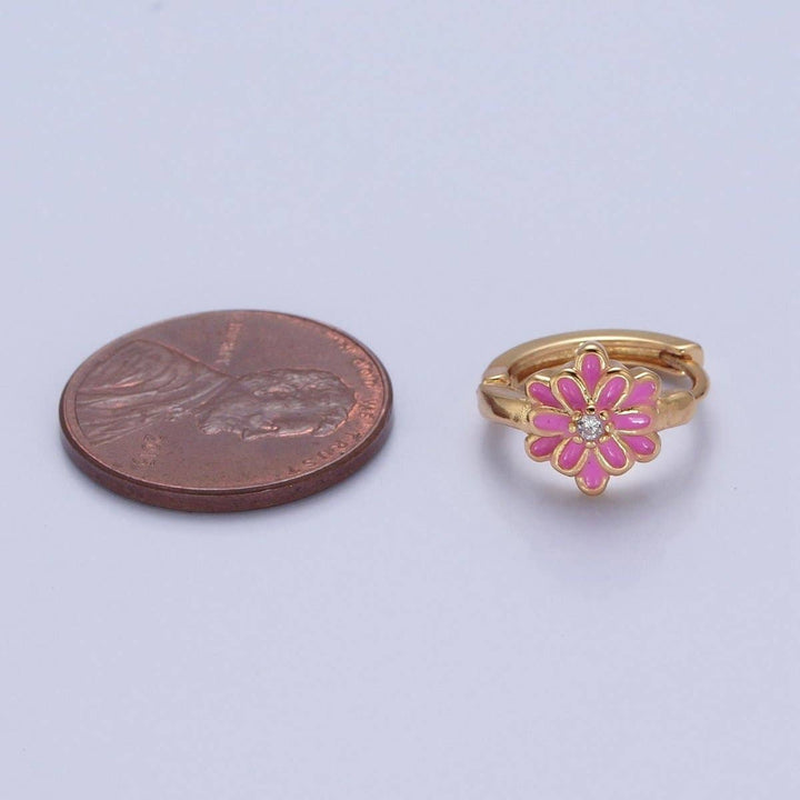 24K Gold Filled Pink/White Enamel Flower Huggie Hoops Earrings, V-421: Pink