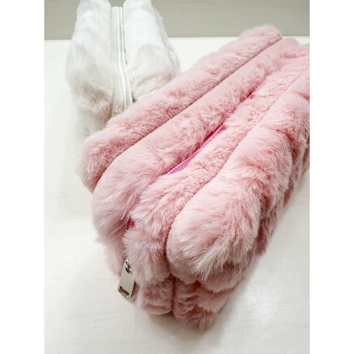 Pink Faux Fur Quilted Cosmetic Pouch