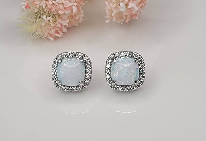 LAB GROWN OPAL STUD EARRINGS.: LIGHT BLUE OPAL/GOLD / Small - OR140