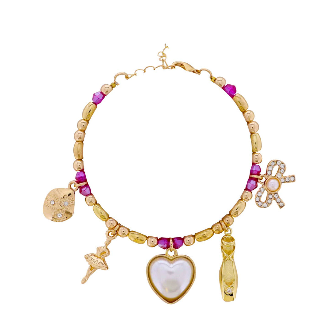 Kids Pink, Gold Beaded Bracelet with Ballerina, Heart, Ballet Shoes, Bow