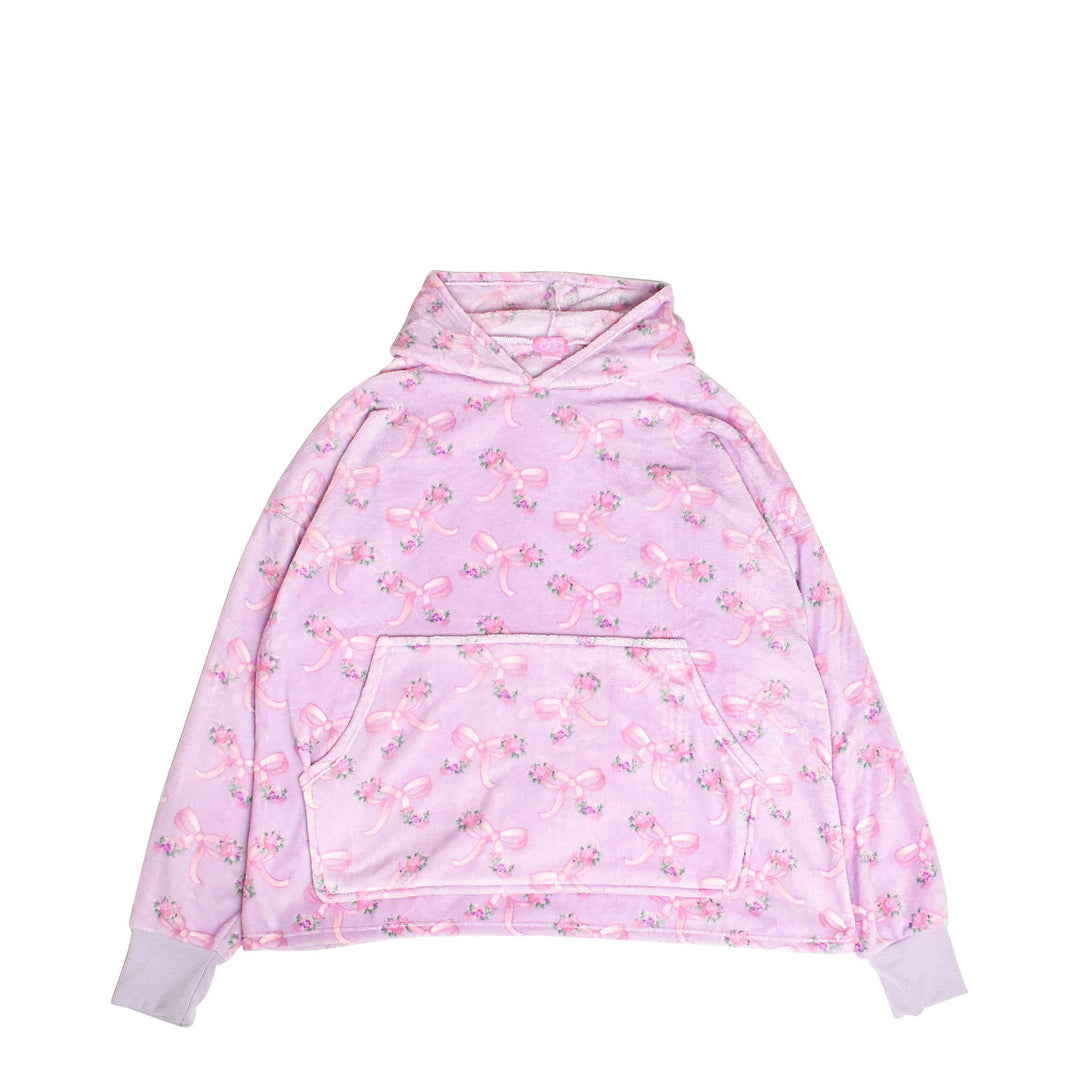 Fleece Printed Pullover Oversized Blanket Hoodie: Pink Bow Print