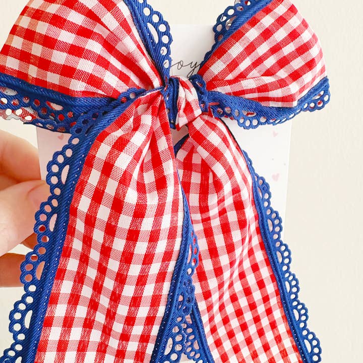 Patriotic Red Gingham Lace Long Tail Trim Bow
