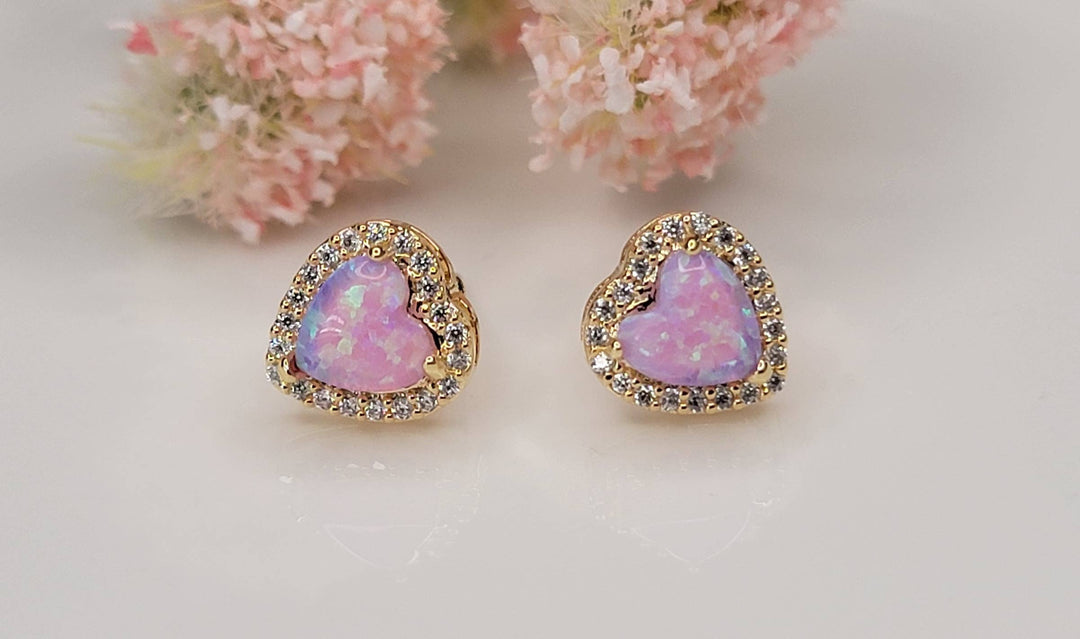 HEART SHAPE SEMI PRECIOUS STONE POST EARRINGS.: PINK OPAL - OR183