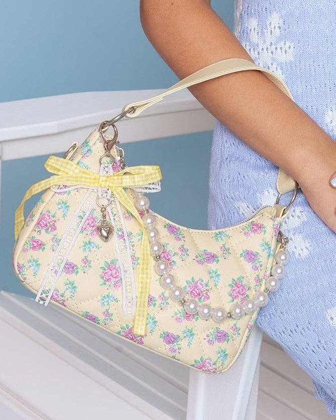 Floral Printed Mini Top Handle Hobo Crossbody with Pearl Chain