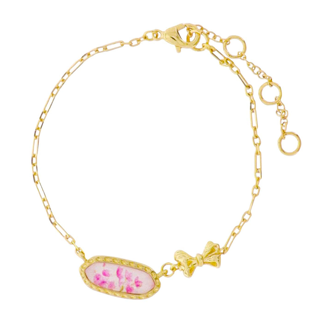 Kids 18K Gold Plated Chain with Bow Accent in Body Bracelet with White, Pink Floral Epoxy Pendant