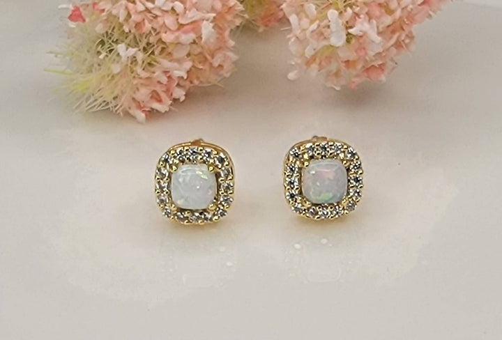 LAB GROWN OPAL STUD EARRINGS.: LIGHT BLUE OPAL/GOLD / Small - OR140