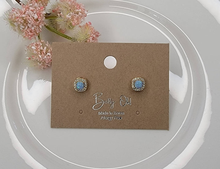 LAB GROWN OPAL STUD EARRINGS.: LIGHT BLUE OPAL/GOLD / Small - OR140
