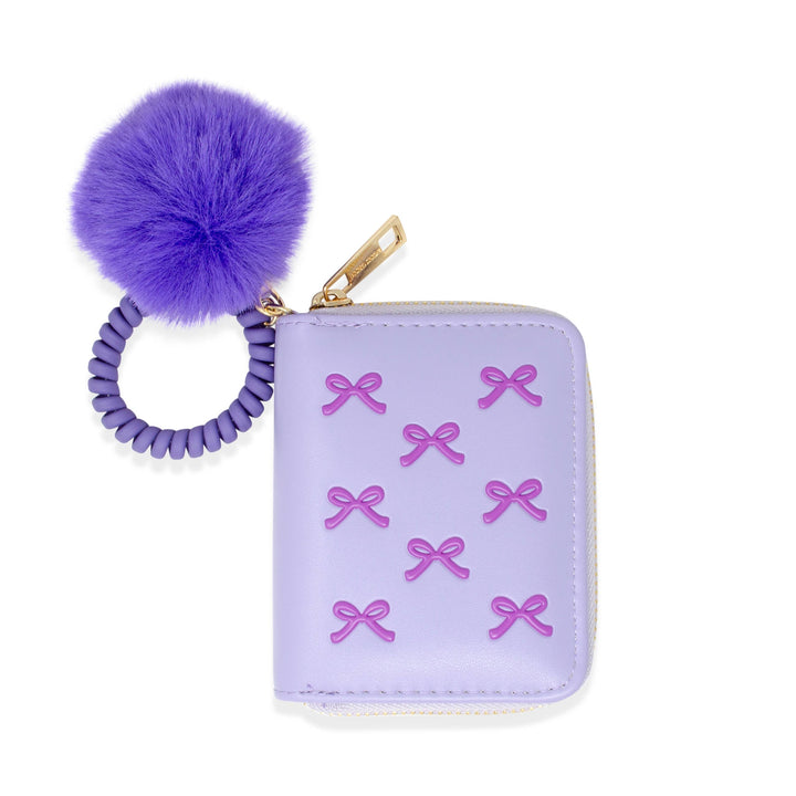 3D Bow Pom Pom Zip Wallet: Purple