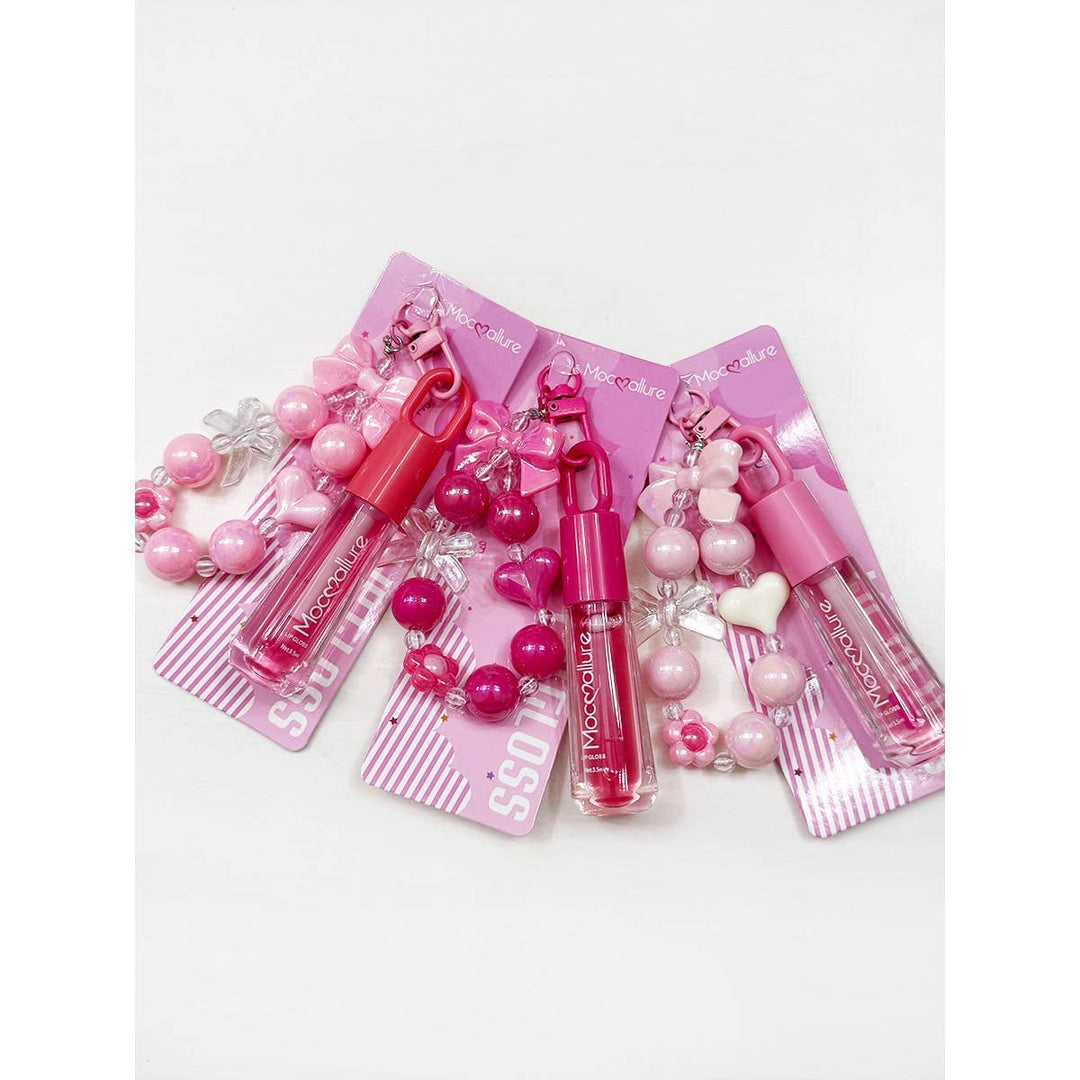 Cute Bow Charm Keychain with Scented Lip Gloss Set