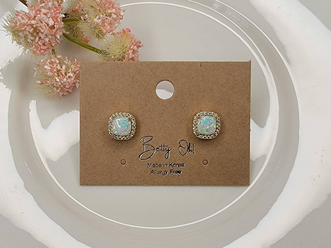 LAB GROWN OPAL STUD EARRINGS.: LIGHT BLUE OPAL/GOLD / Small - OR140