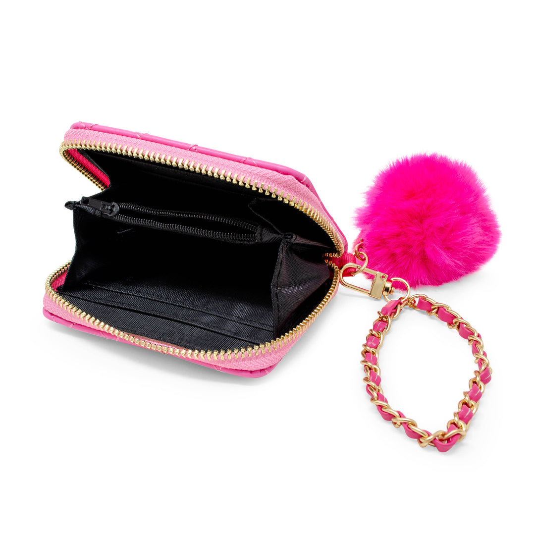 Quilted Chain Strap Wallet with Pom-Pom: Pink
